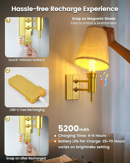 TECOMLIGHT Battery Operated Wall Sconce Lights for Bedroom Set of 2, Wireless Rechargeable LED Wall Lamp with Remote & On/Off Pull Chain, Wall Mount Lighting Fixtures for Living Room, Satin Gold