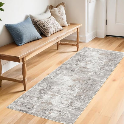 2x5 Rug Runner Non-Slip Washable – Modern Neutral Abstract Small Rug for Hallway, Kitchen, Bathroom, Bedroom, Entryway, Laundry Room – Thin Soft Low-Pile Rubber Backing (Beige/Grey)