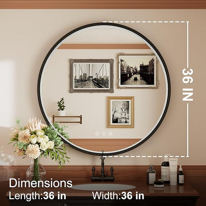 36 Inch Bluetooth Bathroom Mirror with LED Lights, Black Frame Round Vanity Mirror with Lights and Bluetooth, Anti-Fog, Dimmable, 3000K/4500K/6000K, CRI 90+,Memory Function