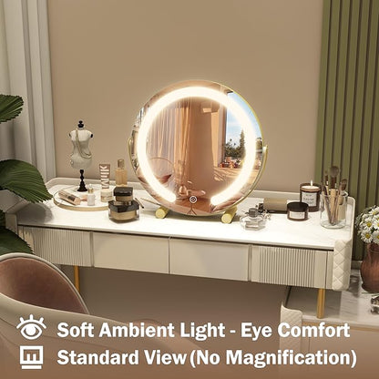 ROLOVE Aesthetic Gold Vanity Mirror with Soft Lights, 12 Inch Standard 1X View, 3-Color Dimmable Tabletop Mirror for Bedroom Decor, 360° Rotation Ambient Light up Mirror