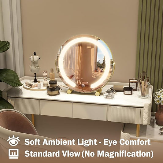 ROLOVE Aesthetic Gold Vanity Mirror with Soft Lights, 12 Inch Standard 1X View, 3-Color Dimmable Tabletop Mirror for Bedroom Decor, 360° Rotation Ambient Light up Mirror