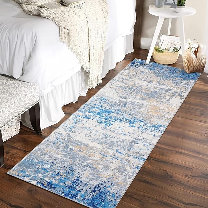 ROYHOME 2x6 Modern Abstract Runner Rug Non Slip Soft Stain Resistant Low Pile Machine Washable Non Shed Rug for Hallway Kitchen Bathroom, Blue/Grey