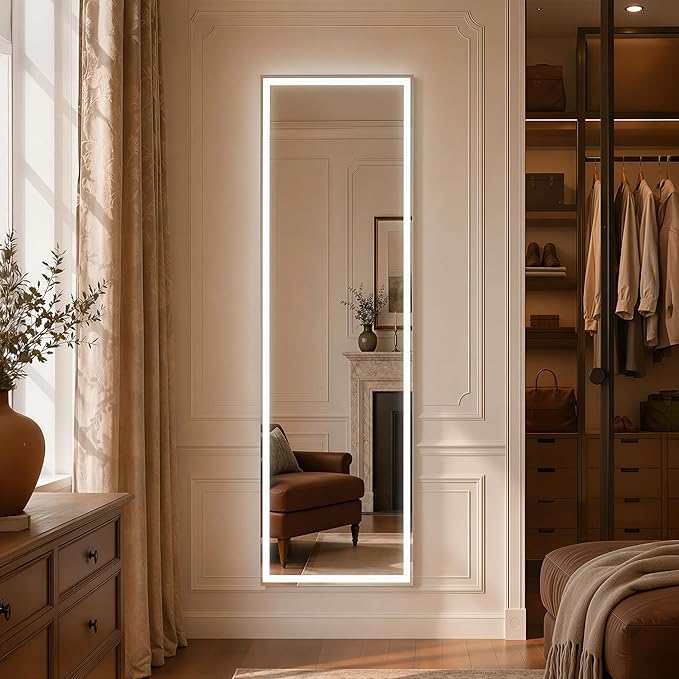 Full Length Mirror with LED Lights, 60"x16"Floor Mirror with Dimming & 3 Color Lighting, Free Standing Floor Mirrors, Lighted Full Body Mirrors for Bedroom, Dressing Room, Cloakroom