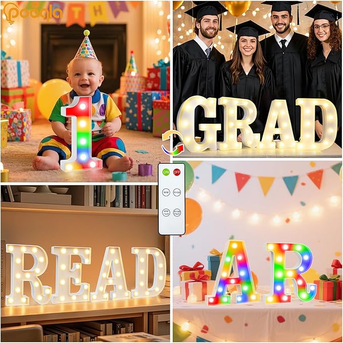 Pooqla LED Light Up Letters, Warm White and Colorful Lighted Marquee Letters with Remote, Lighted Letter for Party Birthday Decorations, Gift for Girls Boys Night Light, Wedding Home Decor, Letter A