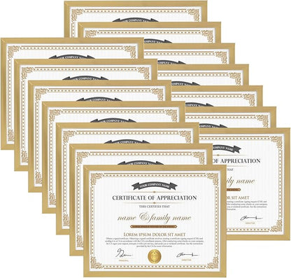 Hoikwo 14 Packs 8.5x11 Gold Multi Plastic Picture Frames Set with Plastic Cover, Certificate Frames for Document Diploma Award, Light Weight Bulk 8.5 by 11 Frames Pack for Wall Hanging and Table