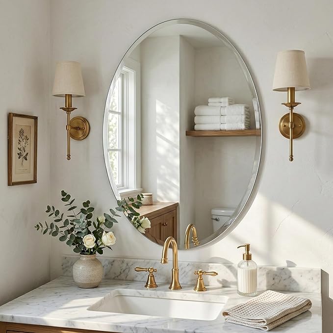 24x36 Inch Oval Frameless Bathroom Mirror with Solid Backing, Large Beveled Vanity Wall Mirror for Over Sink, Modern Mirror for Double Vanity, Entryway
