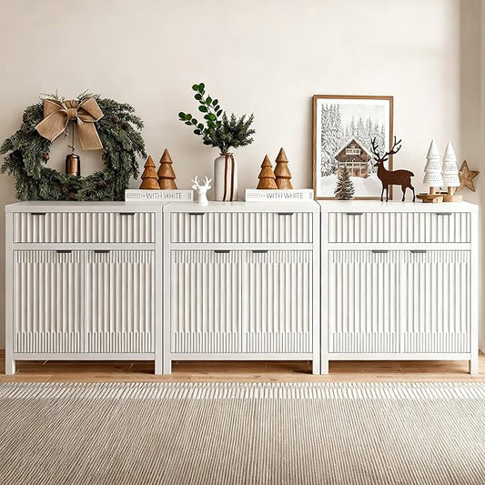 Fatmok Fluted Buffet Cabinet with Storage Set of 3, 34" Tall Modern Arched Sideboard Cabinet w/AdjustableShelves,Wooden Modular Coffee Bar for Kitchen, Living Room, Entryway, White