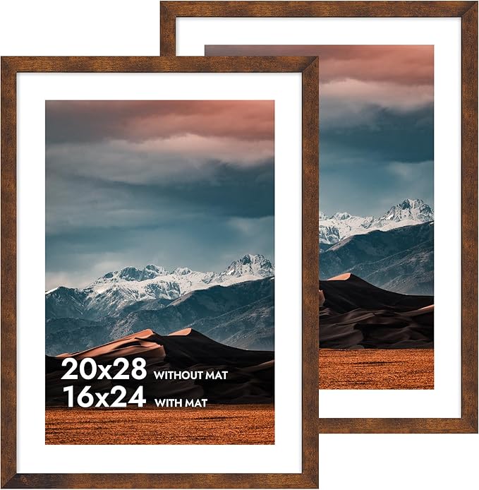iRahmen 20x28 Poster Frame with 16x24 Mat - Plexiglass Wooden Picture Frames for Photo Wall Gallery Mounting (Dark Brown, Set of 2)