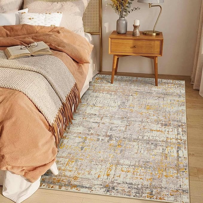 Rugxara 3x5 Washable Entryway Rug, Non Slip Boho Runner Rugs for Hallway, Entrance, Kitchen, Bathroom, Laundry Room, Soft Entryway Carpet, Throw Low Pile Retro Imitation Wool Carpet, Gold Beige