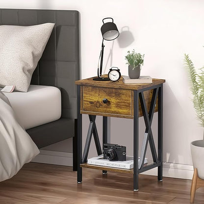 VECELO End Tables, Modern Nightstand with Drawer & Shelf, Night Stand for Bedroom Living Room,Industrial Metal Frame
