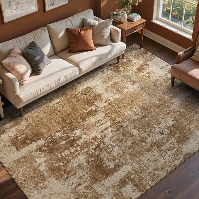 8x10 Ft Large Area Rugs for Living Room, Soft Non-Slip Washable Rugs Modern Abstract Pattern Carpet for Bedroom Indoor Floor Nursery Home Decor (Brown)