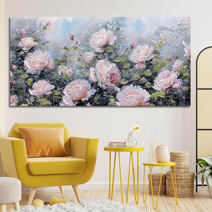Enartly Pink Flower Wall Art Large Living Room Bedroom Wall Decor Rose Canvas Painting Floral Picture Bloosom Textured Green Modern Artwork Framed for Bathroom Kitchen Home Office Decoration, 40"x20"