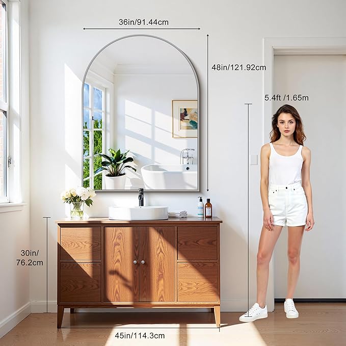 CIRCUMI Arched Wall Mirror, 36"x48" Silver Arched Mirror with Tempered Glass, Metal Frame, Large Size for Bathroom, Living Room,Entryway,Over Sink, Arch Mirror for Decor,Shatterproof&Crystal-Clear