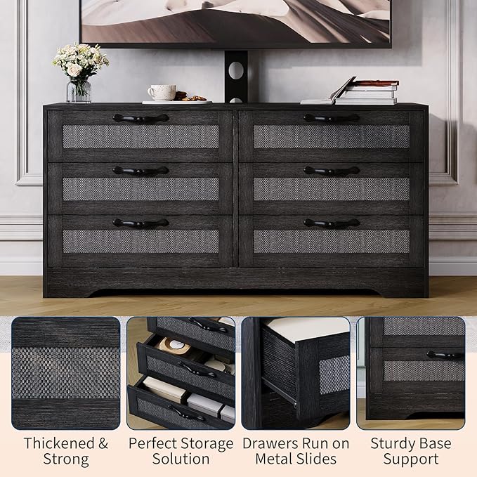 GarveeHome TV Stand with Mount for 32-85 Inch TVs - 47.2" Modern Entertainment Center with 6 Rattan Drawers, Media Console Table Storage for Living Room & Bedroom