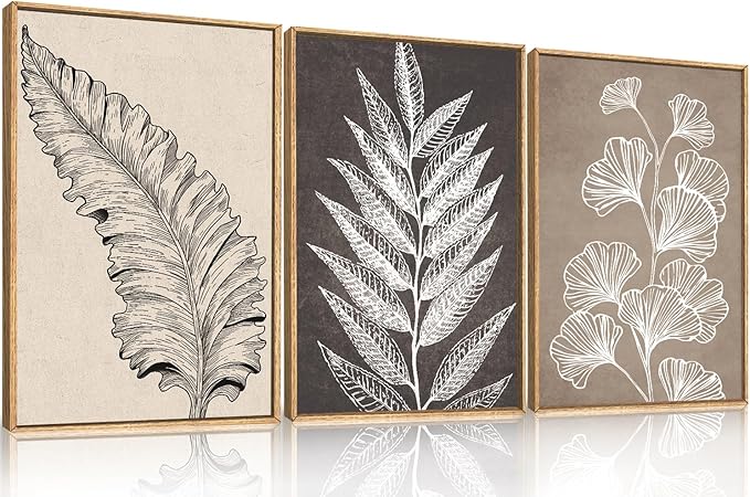 HOURIA Abstract Boho Fern Leaf Floral Framed Canvas Wall Art Set,Vintage Botanical Leaves Wildflower Decor,Modern Minimalist Nature Inspired Beige & Brown Artwork for Living Room,Farmhouse-16 x24 x3