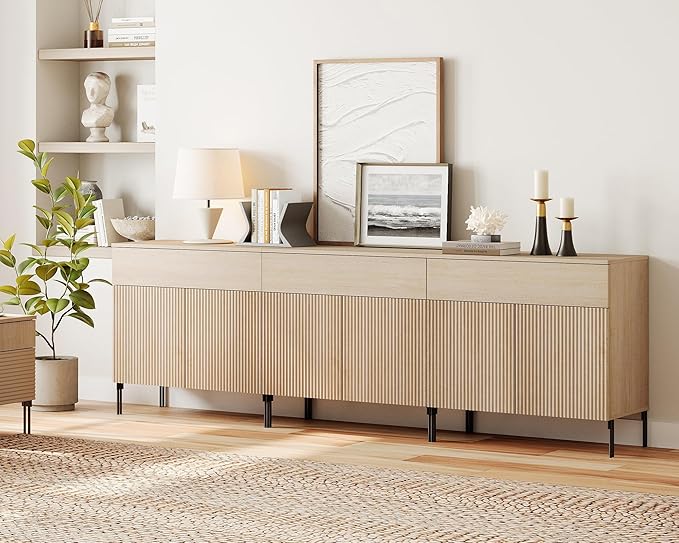 WAMPAT Fluted TV Stand TVs up to 100 inch, 94.5" W Modern TV Entertainment Center with Storage Cabinets and 3 Drawers & 6 Doors, Wood Media TV Console Table with Storage for Living Room, Beige
