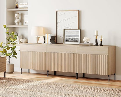 WAMPAT Fluted TV Stand TVs up to 100 inch, 94.5" W Modern TV Entertainment Center with Storage Cabinets and 3 Drawers & 6 Doors, Wood Media TV Console Table with Storage for Living Room, Beige