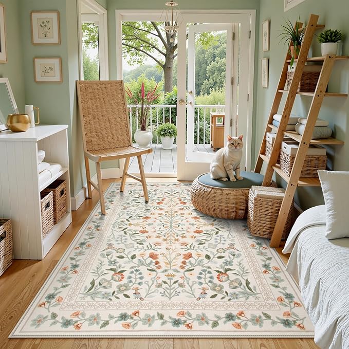 Lahome Floral Washable Area Rug 5x7, Vintage Non Slip Carpet for Living Room Bedroom, Low-Pile Soft Boho Rug for Kids Room Nursery, Machine Washable Home Decor, Beige