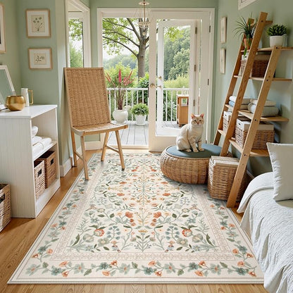 Lahome Floral Washable Area Rug 5x7, Vintage Non Slip Carpet for Living Room Bedroom, Low-Pile Soft Boho Rug for Kids Room Nursery, Machine Washable Home Decor, Beige