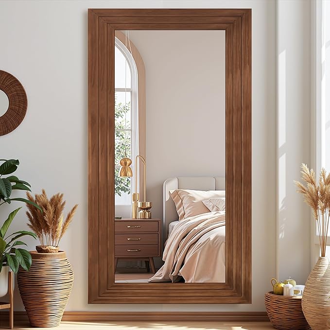 Antok Full Length Mirror with Solid Wood Frame, 76"×34" Wall Mounted Oversized Floor Mirror with Stand, Leaning Standing Hanging for Bedroom Living Room Entryway, Brown, Rect Style