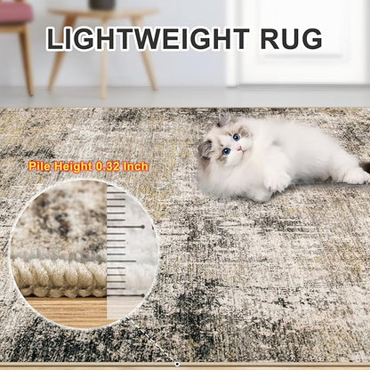 Area Rugs 10x12 Living Room - Washable Rug Modern Abstract Soft Large Neutral Non-Slip Carpet Indoor Floor Thin Carpets for Bedroom Dining Room Farmhouse Nursery Home Office Brown Black Grey