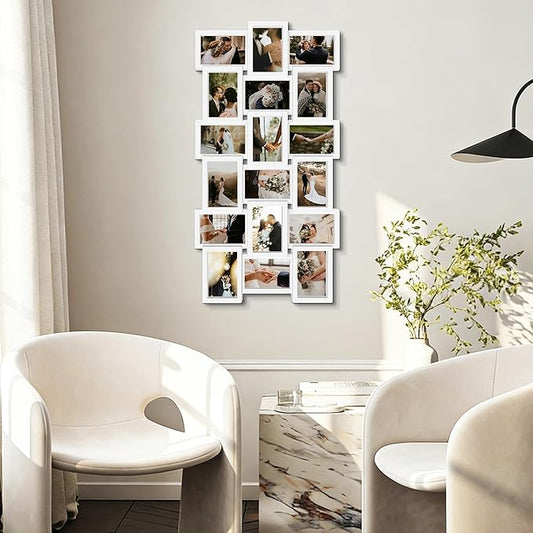 J.M.Deco Collage Picture Frames for Wall Decor, 18-Opening Family Picture Frame Set, One-Piece Photo Frames for Living Room, Bedroom, Gallery, Pure White