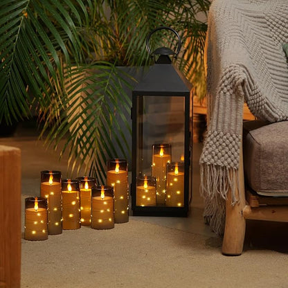 Homemory 9 Pcs Flameless Candles with Embedded Star String Fairy Lights, Battery Operated Candles, LED Fake Candles with Remote Control and Timer, Gray Acrylic