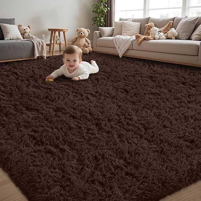 5x8 Area Rug for Living Room:Ultra Soft Fluffy Shag Brown Rugs,Large Fuzzy Plush Indoor Non Slip Carpet Washable Rug for Bedroom Kids Nursery Office Dorm Modern Decor(Brown 5'x8')