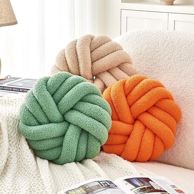 Uvvyui Knot Pillows, 14 Inch Decorative Throw Pillows Round Pillows Cushion, Soft Handmade Knotted Ball Pillow Plush Cushion Home Decor for Bed Couch Living Room (Beige, 14 Inch)