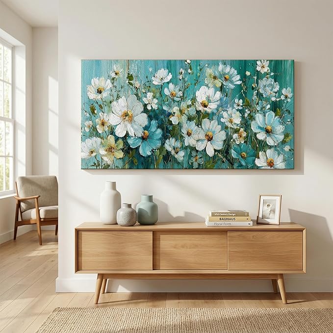 BQVCT White Daisy Floral Wall Art 30x58 Inch Large Gallery Wrapped Canvas Print Turquoise Blue Botanical Painting on Textured Background Ready to Hang for Living Room Bedroom Office Decor