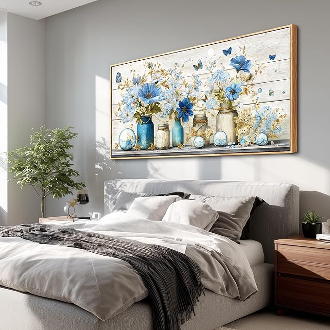 Wapluam Large Framed Wall Art,Retro Rustic Pictures Wall Decor,Floral Wall Art Bedroom,Blue Flowers Painting Prints,Farmhouse Canvas Artwork for Living Room Bathroom Kitchen Hallway Home Office 30x60