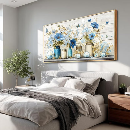 Wapluam Large Framed Wall Art,Retro Rustic Pictures Wall Decor,Floral Wall Art Bedroom,Blue Flowers Painting Prints,Farmhouse Canvas Artwork for Living Room Bathroom Kitchen Hallway Home Office 30x60