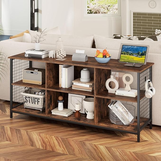 Giantex Industrial TV Stand for TVs up to 65 Inch, 3-Tier Entertainment Center with Power Outlets, Metal Mesh Sides & 2 Cable Holes, 6-Cube TV Console Table for Living Room, Bedroom, Rustic Brown