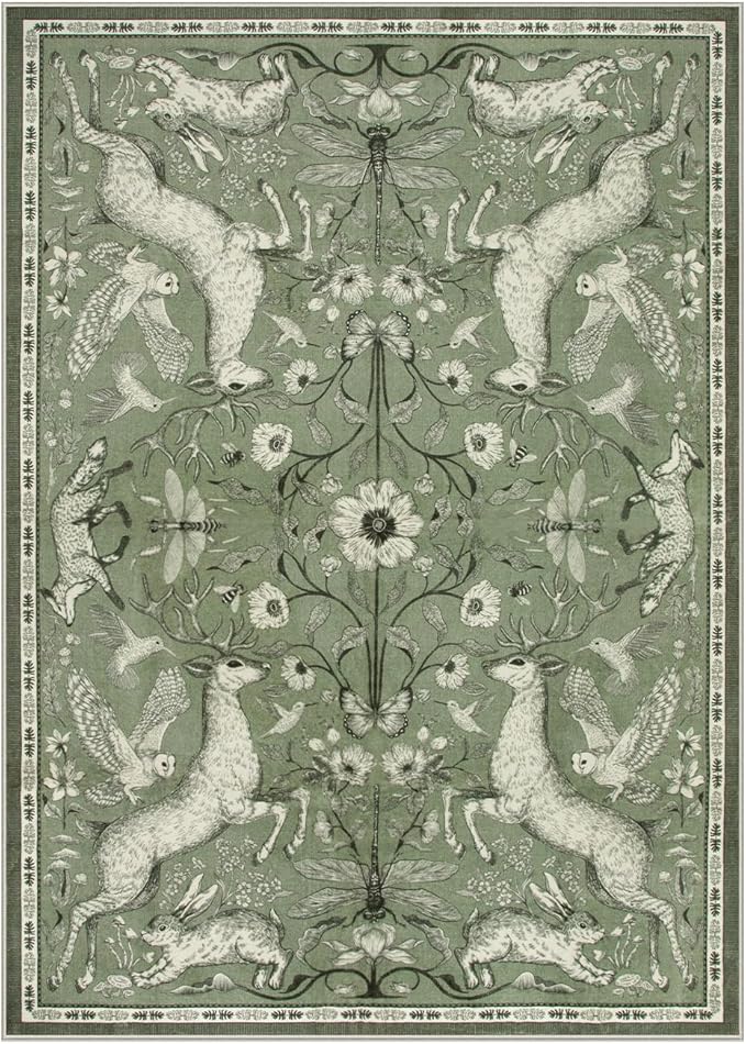 Lahome 5x7 Green Area Rug for Living Room, Dorval Washable Cottagecore Deer Rug, Sage Woodland Non Slip Low Pile Soft Carpet for Bedroom Dining Room Kitchen Nursery Entryway Home Decor