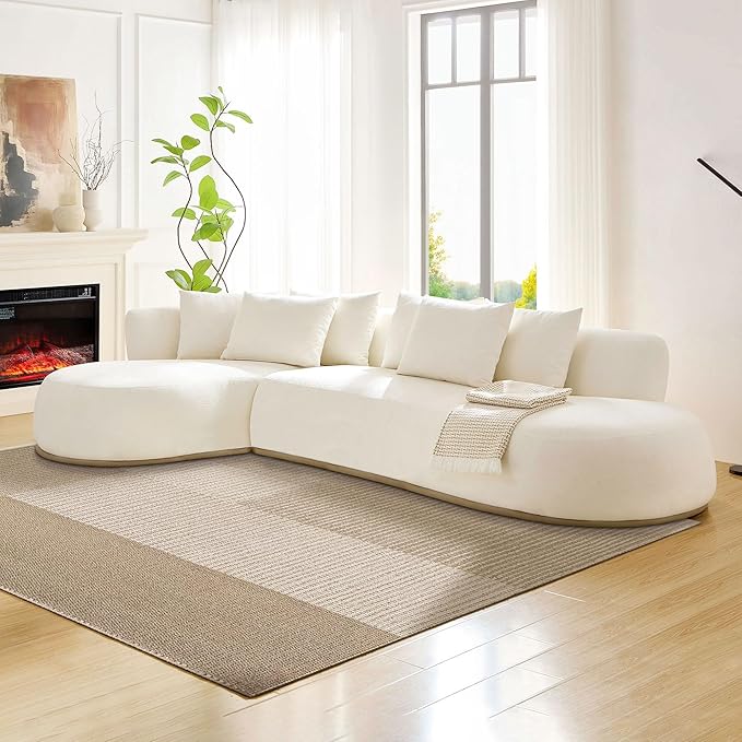 WILLIAMSPACE 134.63" Oversize Curved Sofa Cloud Couch with Round Chaise, Modern Upholstered Curved Sectional Sofa Couch with 6 Pillows for Living Room, No Assembly (Left-Facing,Cream White)