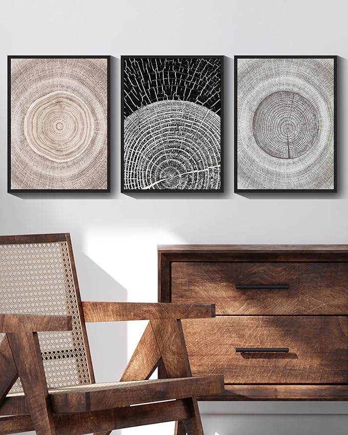 PHOPAGO Vintage Wood Tree Rings Wall Art Farmhouse Rustic Framed Canvas Paintings Living Room Bedroom Decor Nature Artwork 11x14in Black Framed
