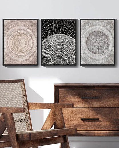 PHOPAGO Vintage Wood Tree Rings Wall Art Farmhouse Rustic Framed Canvas Paintings Living Room Bedroom Decor Nature Artwork 11x14in Black Framed