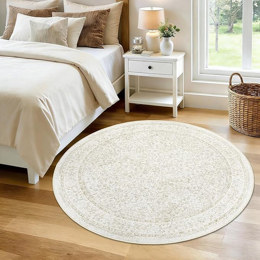 Round Rugs 4ft Vintage Floral Small Circle Rug, Washable Non Slip Soft Low Pile Stain Resistant Carpet for Living Room Bedroom Entryway Dining Room (FloralBeige, 4' Round)