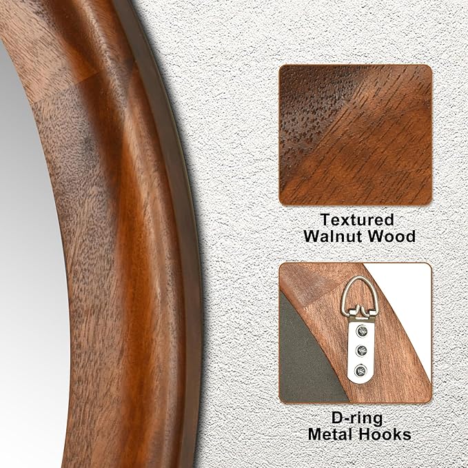 CULER Round Wall Mirrors 30 Inch,Wood Rustic Decorative Transitional Mirror with Walnut Frame for Wall,Farmhouse Hanging Vanity Mirror for Bathroom Bedroom Living Room or Entryway（Rustic Brown）