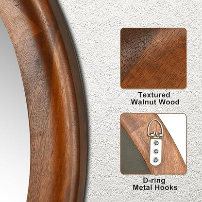 CULER Round Wall Mirrors 30 Inch,Wood Rustic Decorative Transitional Mirror with Walnut Frame for Wall,Farmhouse Hanging Vanity Mirror for Bathroom Bedroom Living Room or Entryway（Rustic Brown）
