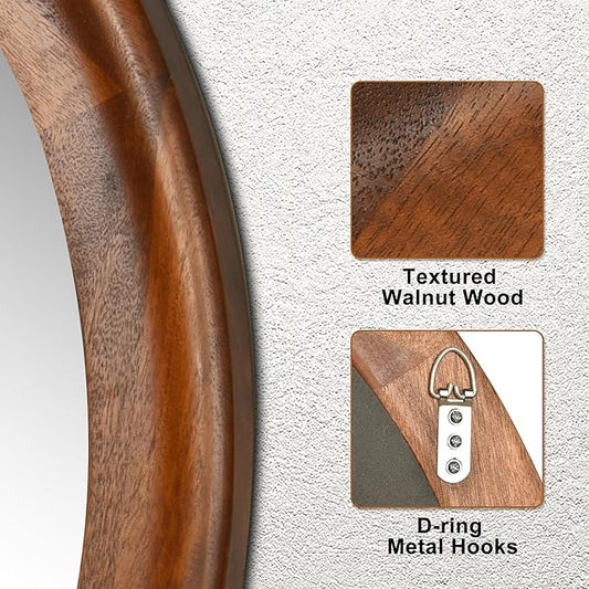 CULER Round Wall Mirrors 30 Inch,Wood Rustic Decorative Transitional Mirror with Walnut Frame for Wall,Farmhouse Hanging Vanity Mirror for Bathroom Bedroom Living Room or Entryway（Rustic Brown）