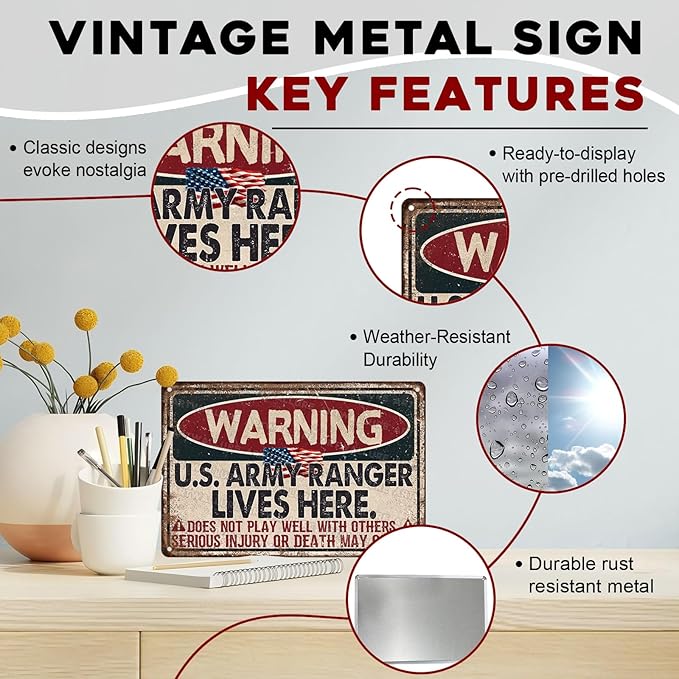 Warning US Army Ranger Vintage Tin Sign Great Patriotic Home Decor and Private Property Metal Sign for American Flag Home and Office Decor USA Army and Military 8x12inch