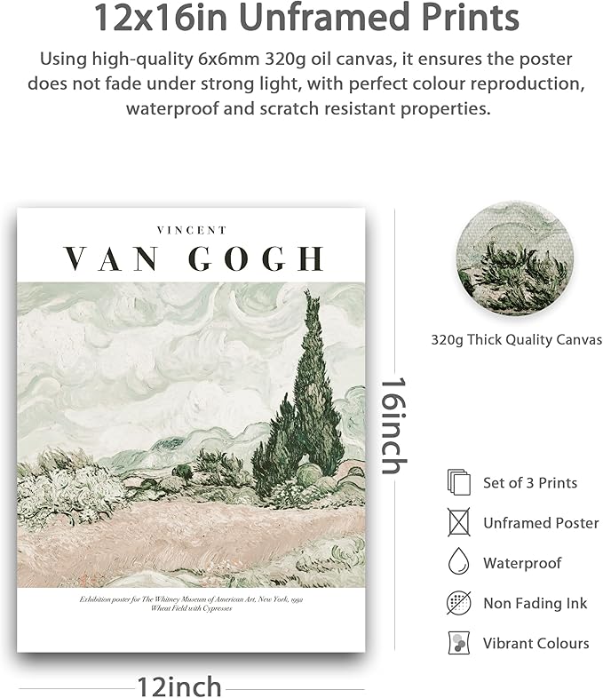 HesenDot Unframed Vintage Van Gogh Exhibition Posters Set of 3, French Country Landscape Floral Wall Art, Minimalist Chic Canvas Prints, Farmhouse Home Decor for Bedroom Living Room Study Office