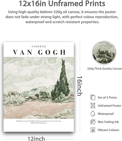 HesenDot Unframed Vintage Van Gogh Exhibition Posters Set of 3, French Country Landscape Floral Wall Art, Minimalist Chic Canvas Prints, Farmhouse Home Decor for Bedroom Living Room Study Office
