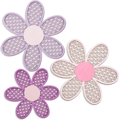 Maitys 3 Pieces Boho Daisy Wall Decor Natural Rattan Flower Wall Hanging Art Wooden Boho Art Nursery Flowers Farmhouse Hanging Decor for Home Office Nursery(Pink, Purple)