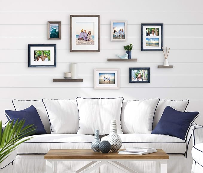 Kate and Laurel Bordeaux Gallery Wall Frame and Shelf Kit, Set of 10, Multiple Coastal Finishes, Assorted Size Frames and Three Display Shelves