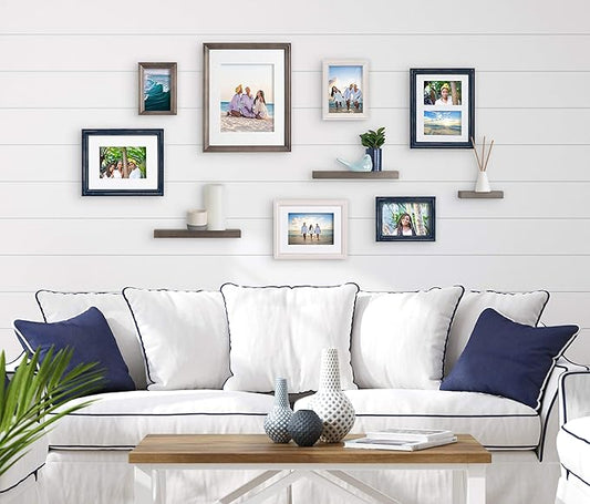 Kate and Laurel Bordeaux Gallery Wall Frame and Shelf Kit, Set of 10, Multiple Coastal Finishes, Assorted Size Frames and Three Display Shelves