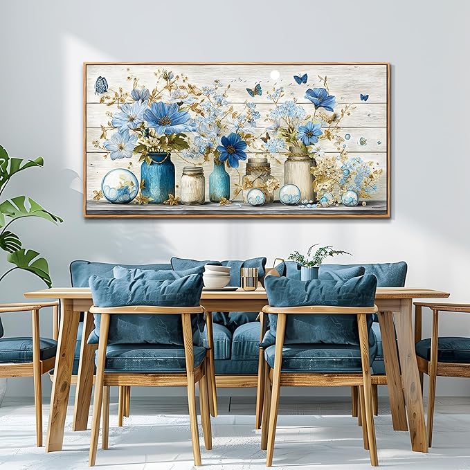 Wapluam Large Framed Wall Art,Retro Rustic Pictures Wall Decor,Floral Wall Art Bedroom,Blue Flowers Painting Prints,Farmhouse Canvas Artwork for Living Room Bathroom Kitchen Hallway Home Office 30x60