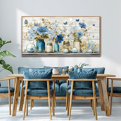 Wapluam Large Framed Wall Art,Retro Rustic Pictures Wall Decor,Floral Wall Art Bedroom,Blue Flowers Painting Prints,Farmhouse Canvas Artwork for Living Room Bathroom Kitchen Hallway Home Office 30x60
