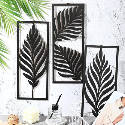 3 Pcs Palm Leaves Wooden Art Wall Decor 14.57 x 5.79 Inch Boho Wood Leaves Plant Wall Accent Vintage Tropical Plant Plaque for Home Bathroom Living Room Bedroom Office Decoration